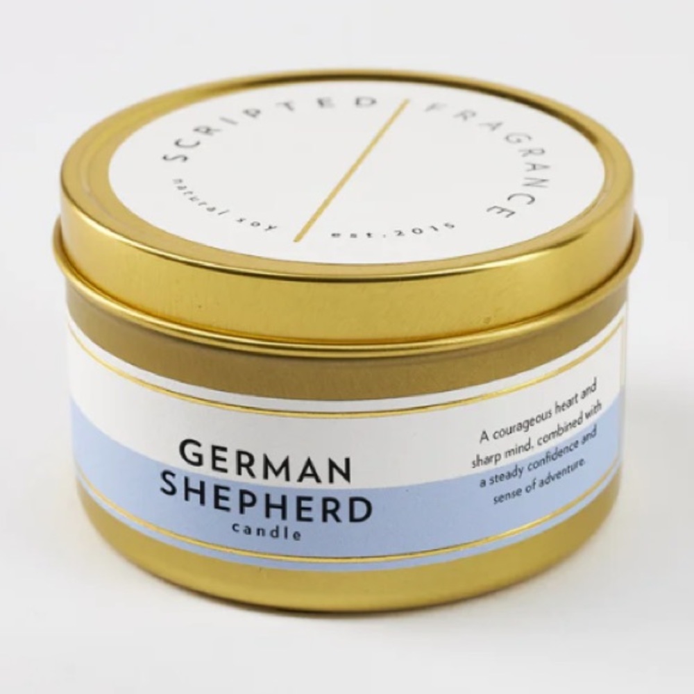 German Shepherd Candle in Tin by Scripted Fragrance NEW Hand poured soy wax